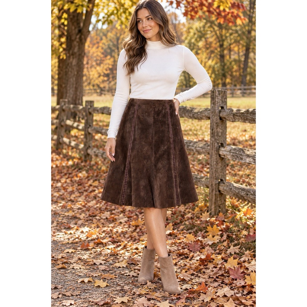 Vintage Y2K Harold's Size 8 Brown Suede Leather A-Line Midi Skirt Pink Stitch